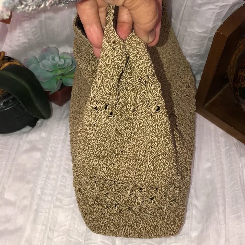 Macrame Crochet Faux Leather Combo Tan Brown Satchel